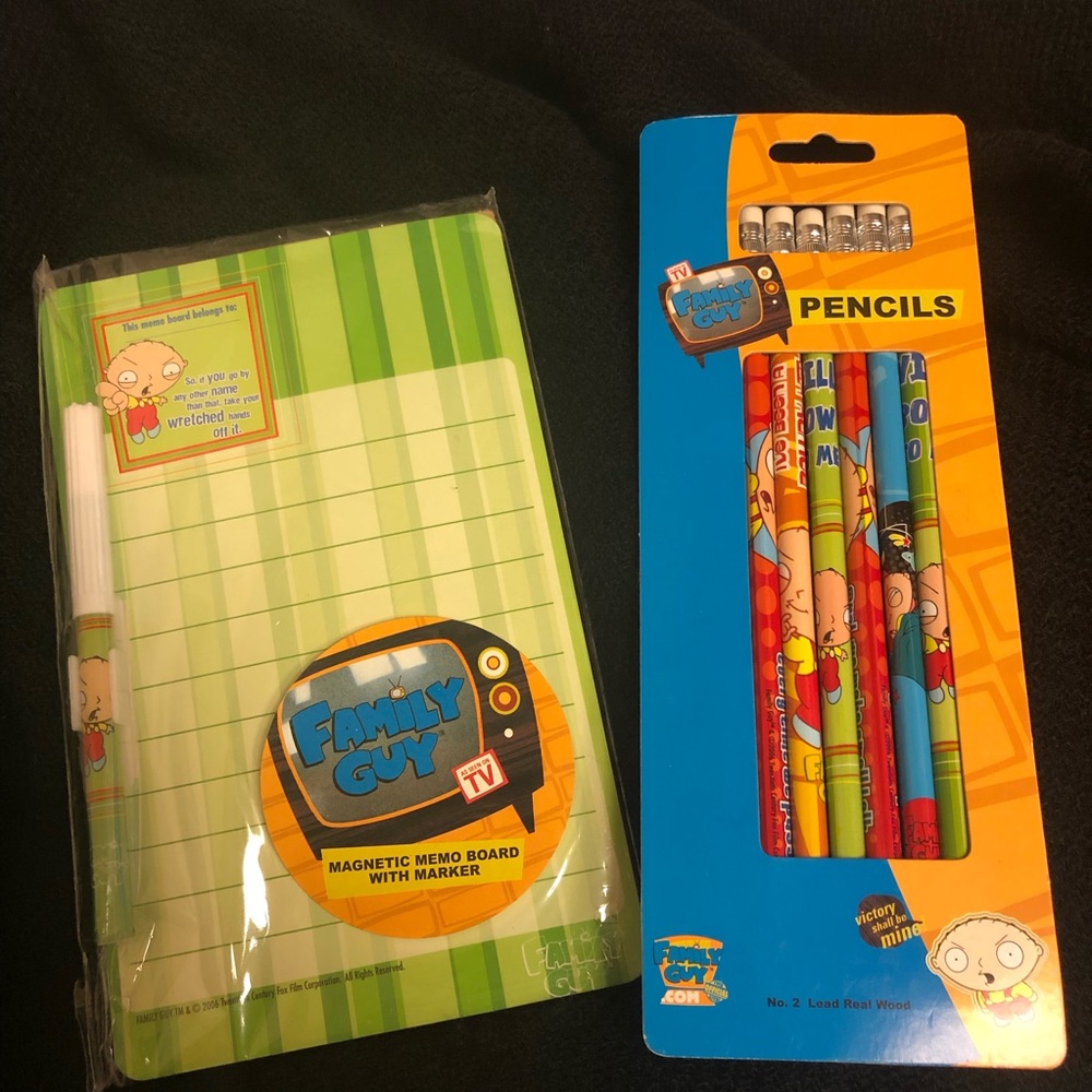 Family Guy pencils and magnetic message board. Still in packaging.